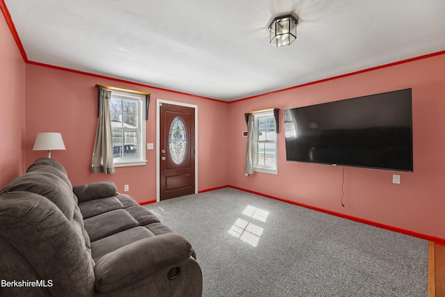 carpeted living area with ornamental molding, plenty of natural light, and baseboards