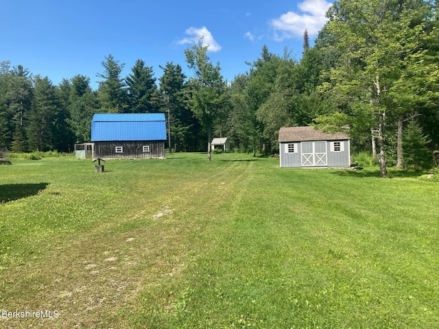 view of yard featuring a shed