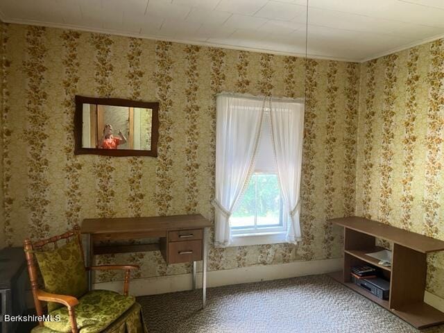 unfurnished room featuring carpet and crown molding