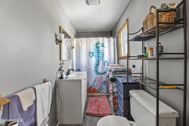 bathroom featuring vanity, hardwood / wood-style flooring, a shower with curtain, and toilet