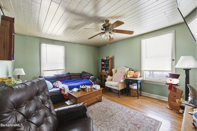 living room featuring wood ceiling, ceiling fan, and light wood-type flooring