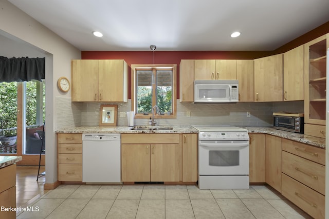 83 Hancock Rd, Pittsfield, MA 01201 - kitchen featuring white appliances, light brown cabinetry, healthy amount of natural light, backsplash, and recessed lighting