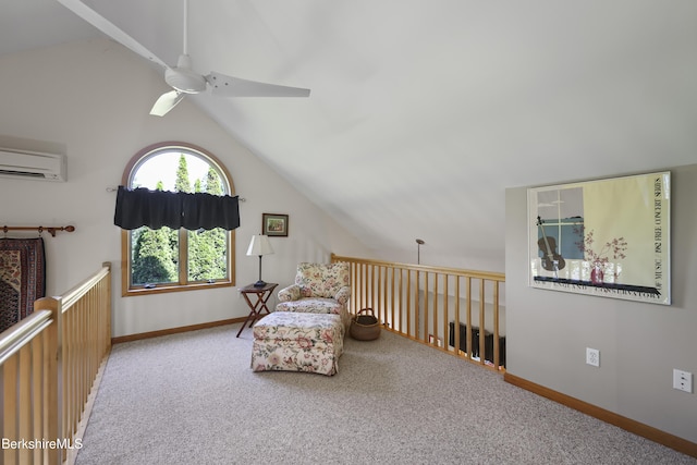 83 Hancock Rd, Pittsfield, MA 01201 - sitting room featuring a ceiling fan, lofted ceiling, carpet floors, and an AC wall unit