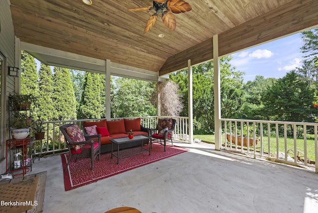 83 Hancock Rd, Pittsfield, MA 01201 - view of patio / terrace featuring an outdoor living space, ceiling fan, and view of wooded area