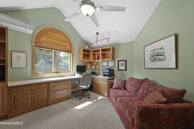 83 Hancock Rd, Pittsfield, MA 01201 - home office featuring vaulted ceiling, a wall mounted AC, light colored carpet, and ceiling fan