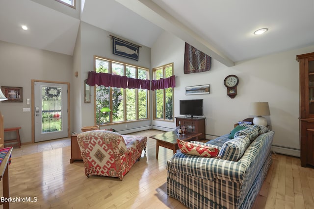 83 Hancock Rd, Pittsfield, MA 01201 - living area with high vaulted ceiling, a baseboard radiator, plenty of natural light, light wood-style floors, and recessed lighting