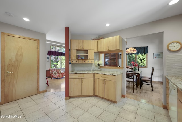 83 Hancock Rd, Pittsfield, MA 01201 - kitchen featuring light brown cabinetry, dishwasher, recessed lighting, light tile patterned floors, and light stone countertops