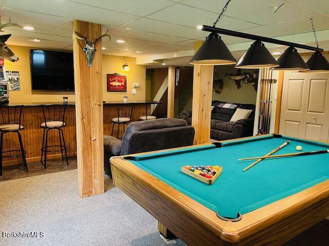 60 Summer St, Lanesborough, MA 01237 - rec room featuring a dry bar, carpet floors, pool table, and recessed lighting