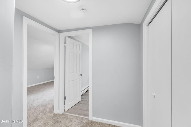 90 Maple St, Lee, MA 01238 - hall with carpet, lofted ceiling, baseboards, and baseboard heating
