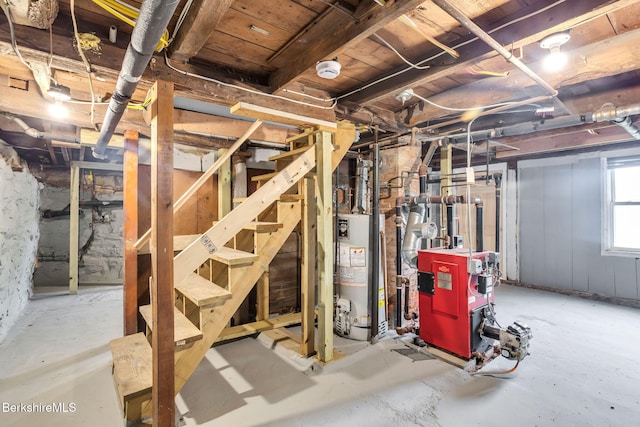 90 Maple St, Lee, MA 01238 - below grade area featuring gas water heater, a heating unit, and stairs