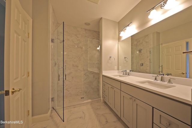 33 Alpine Trl, Pittsfield, MA 01201 - full bathroom featuring marble look tile flooring, a marble finish shower, and double vanity