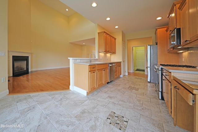33 Alpine Trl, Pittsfield, MA 01201 - kitchen featuring appliances with stainless steel finishes, a sink, baseboards, open floor plan, and stone tile floors