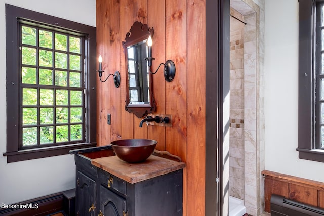 196 S St, Williamstown, MA 01267 - bathroom featuring vanity, a shower, and a baseboard heating unit