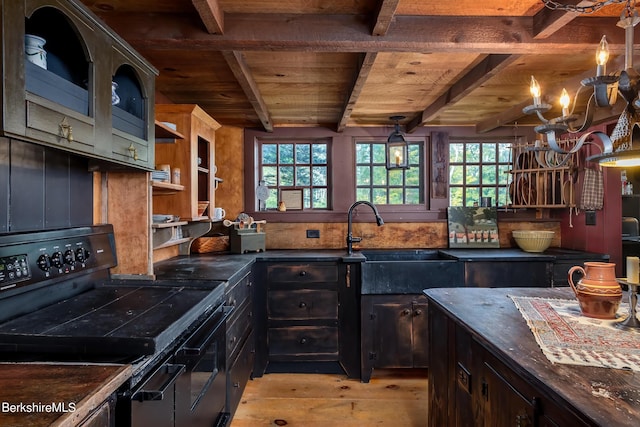 196 S St, Williamstown, MA 01267 - kitchen featuring black range with electric stovetop, a wood ceiling with exposed beams, open shelves, dark countertops, and light wood-style floors