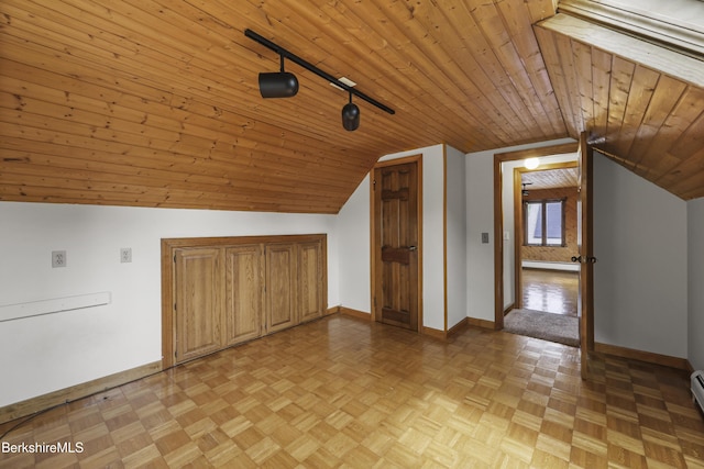 bonus room featuring baseboards, a baseboard radiator, vaulted ceiling, wood ceiling, and baseboard heating