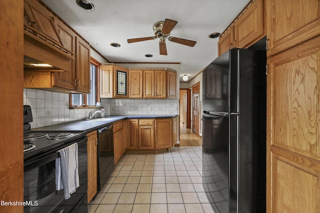kitchen with black appliances, backsplash, premium range hood, ceiling fan, and light tile patterned flooring