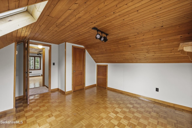 bonus room with baseboards, lofted ceiling, baseboard heating, and wooden ceiling