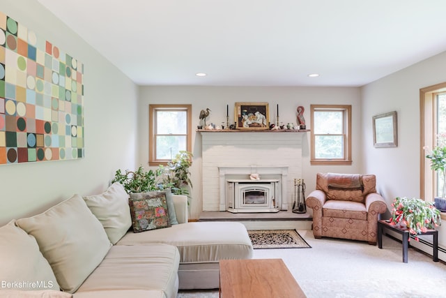 126 Christian Hill Rd, Great Barrington, MA 01230 - carpeted living room with healthy amount of natural light, recessed lighting, and a glass covered fireplace