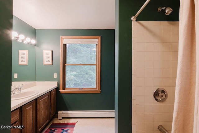 126 Christian Hill Rd, Great Barrington, MA 01230 - full bathroom with a baseboard radiator, vanity, and shower / bathtub combination with curtain