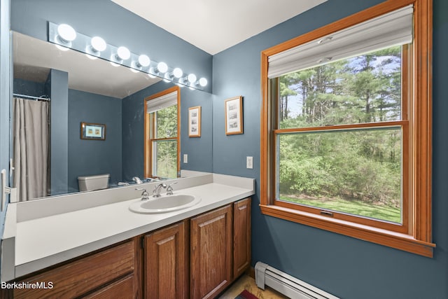 126 Christian Hill Rd, Great Barrington, MA 01230 - full bathroom featuring healthy amount of natural light, vanity, a baseboard radiator, and a shower with shower curtain