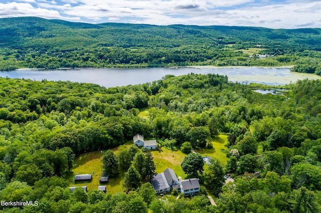 birds eye view of property with a water and mountain view