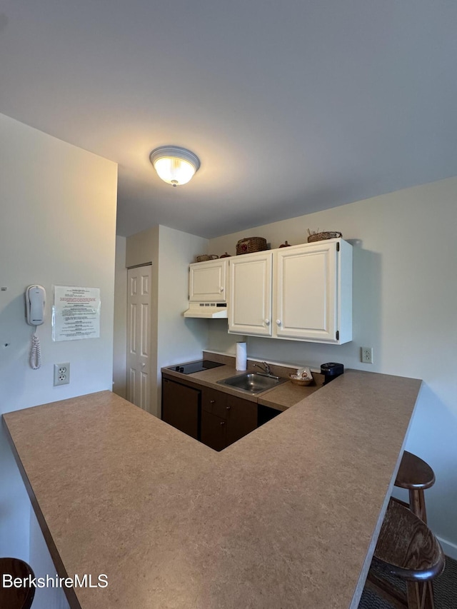 37 Corey Rd Unit 526, Hancock, MA 01237 - kitchen with a peninsula, under cabinet range hood, black electric stovetop, and white cabinetry