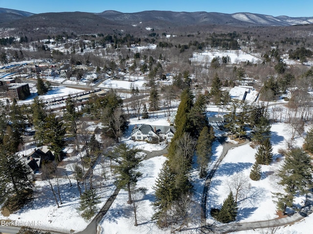 snowy aerial view with a mountain view