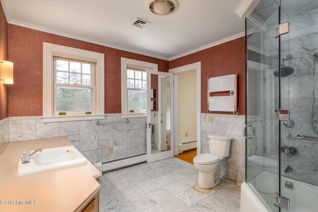 full bathroom with visible vents, crown molding, and a baseboard radiator