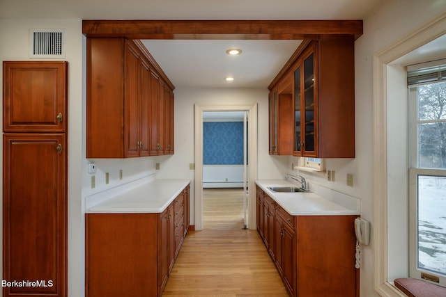 kitchen featuring visible vents, light wood-style flooring, a sink, light countertops, and glass insert cabinets