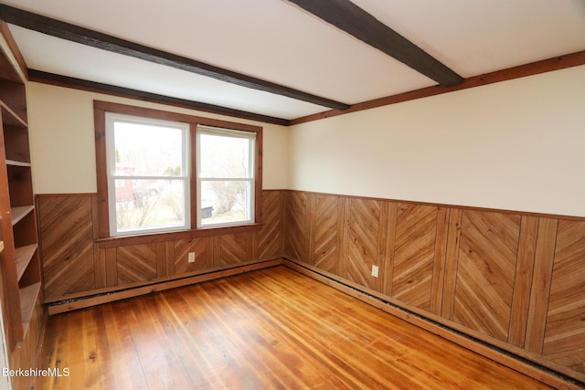 spare room with beam ceiling, a wainscoted wall, wood-type flooring, and wood walls