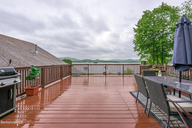 140 Hancock Rd, Pittsfield, MA 01201 - wooden deck featuring outdoor dining area, a grill, and a mountain view