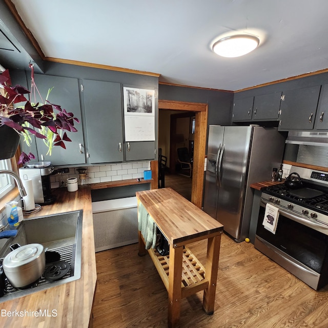 kitchen featuring radiator, appliances with stainless steel finishes, wood finished floors, under cabinet range hood, and a sink