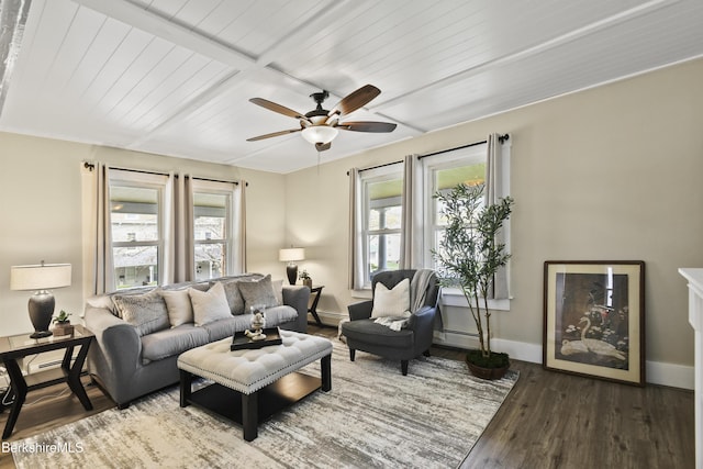 living room featuring a baseboard heating unit, wood finished floors, wooden ceiling, ceiling fan, and baseboards