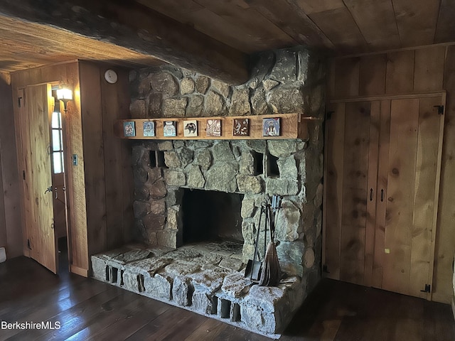 76 Corashire Rd, New Marlborough, MA 01230 - detailed view of wood ceiling, wood finished floors, wood walls, and a fireplace