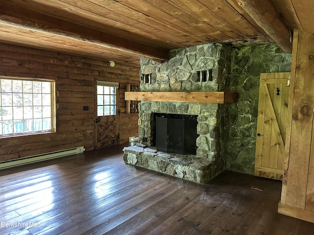 76 Corashire Rd, New Marlborough, MA 01230 - unfurnished living room featuring dark wood finished floors, wooden ceiling, beam ceiling, a fireplace, and a baseboard heating unit