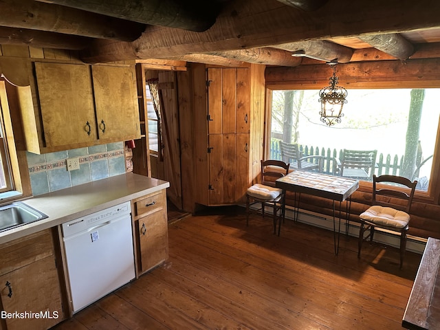 76 Corashire Rd, New Marlborough, MA 01230 - kitchen with white dishwasher, dark wood finished floors, a baseboard radiator, light countertops, and a sink