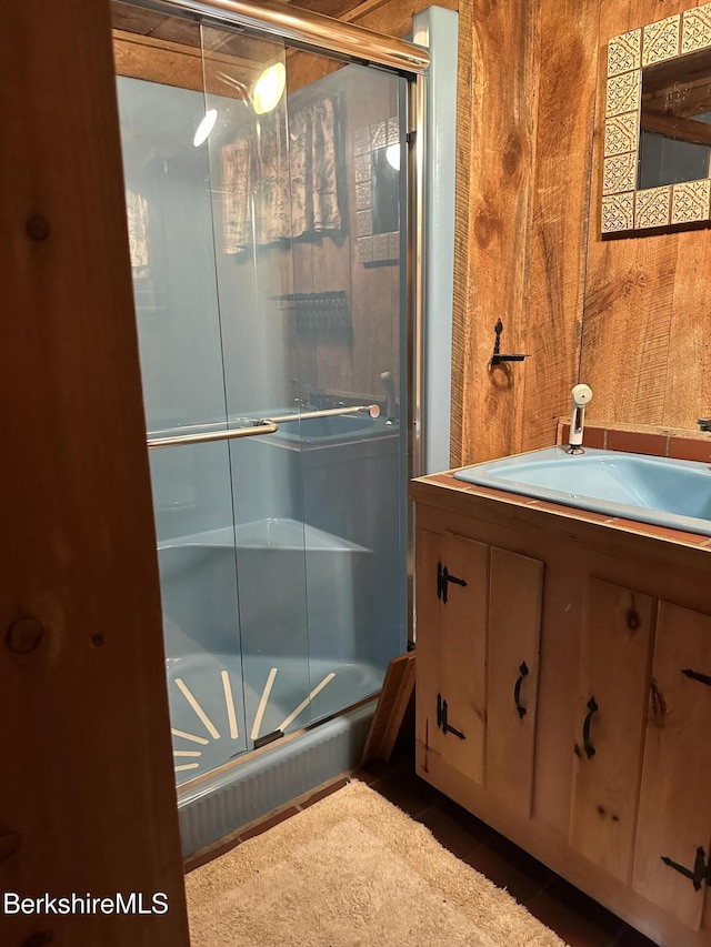 76 Corashire Rd, New Marlborough, MA 01230 - bathroom featuring a shower stall, vanity, and tile patterned floors