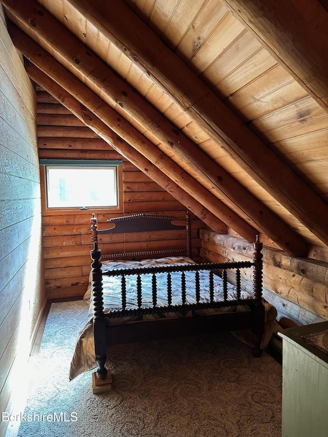 76 Corashire Rd, New Marlborough, MA 01230 - bedroom featuring carpet flooring, rustic walls, and wooden ceiling