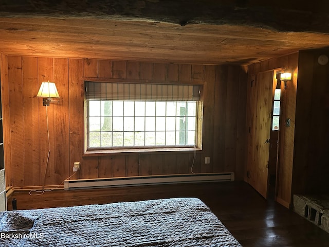 76 Corashire Rd, New Marlborough, MA 01230 - bedroom with wooden ceiling, baseboard heating, wooden walls, and wood-type flooring