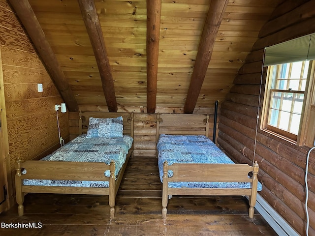 76 Corashire Rd, New Marlborough, MA 01230 - bedroom with log walls, wooden ceiling, wood-type flooring, and a baseboard radiator