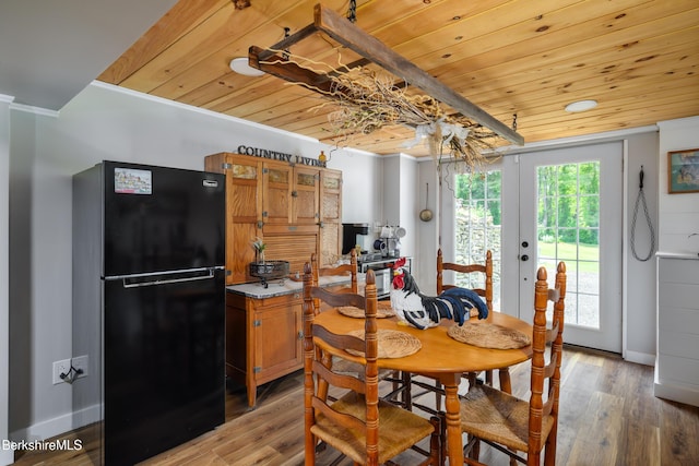 59 Orchard Rd, Dalton, MA 01226 - dining space with wood ceiling, french doors, light wood-style flooring, and ornamental molding