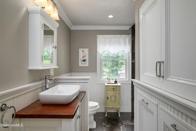 59 Orchard Rd, Dalton, MA 01226 - bathroom featuring ornamental molding, a wainscoted wall, marble tiled floors, and vanity