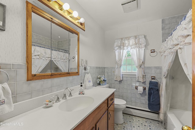 17 Jeffrey Dr, Pittsfield, MA 01201 - bathroom featuring a baseboard radiator, tile walls, tile patterned floors, vanity, and a wainscoted wall