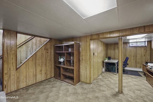 17 Jeffrey Dr, Pittsfield, MA 01201 - below grade area with wooden walls, carpet flooring, a desk, and a baseboard heating unit