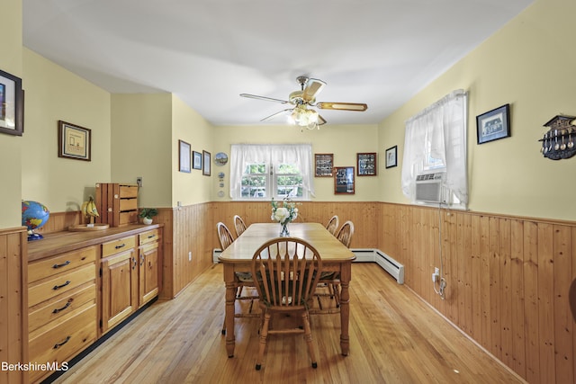 17 Jeffrey Dr, Pittsfield, MA 01201 - dining area featuring wainscoting, wood walls, light wood finished floors, ceiling fan, and a baseboard radiator