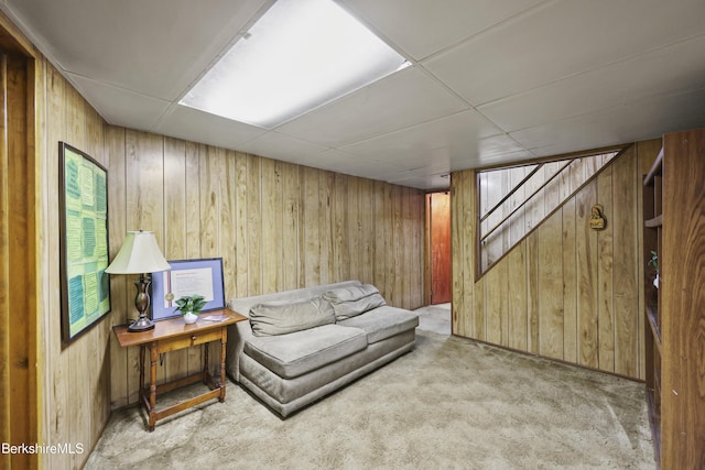17 Jeffrey Dr, Pittsfield, MA 01201 - sitting room featuring wood walls, carpet floors, healthy amount of natural light, a paneled ceiling, and stairs
