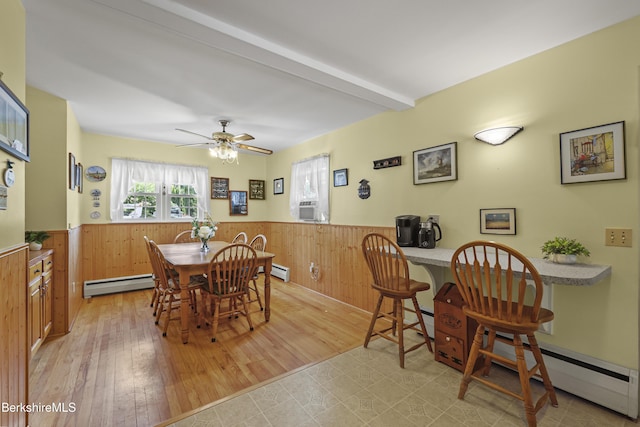 17 Jeffrey Dr, Pittsfield, MA 01201 - dining area with a wainscoted wall, a baseboard radiator, wood walls, ceiling fan, and cooling unit