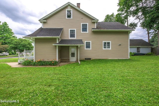 16 Revere Pkwy, Pittsfield, MA 01201 - rear view of house with a lawn, roof with shingles, a chimney, and crawl space