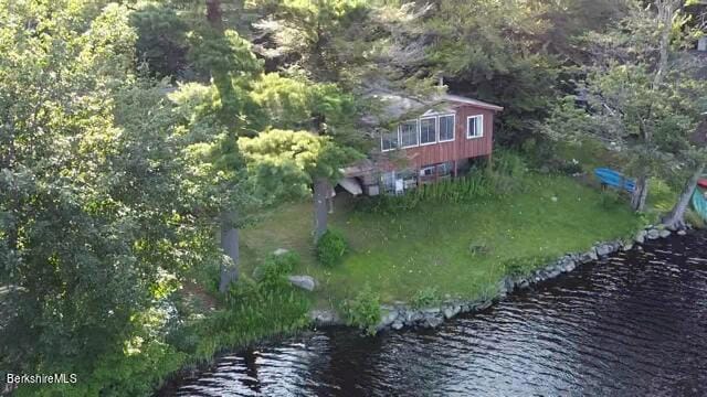 bird's eye view with a view of trees and a water view