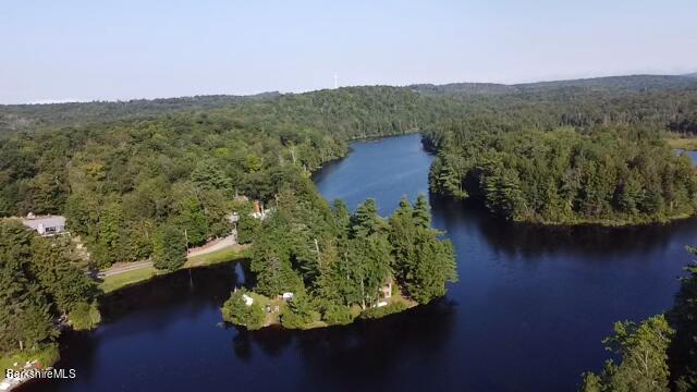 245 Dwolfe Dr, Otis, MA 01253 - aerial view of property and surrounding area with a heavily wooded area and a large body of water